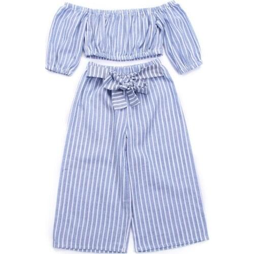 Pudcoco Fast Shipping New Baby Kids Girls Clothes Off-shoulder Long Sleeve Tops T-shirt Loose Stripe Bowknot Pants Outfits Set