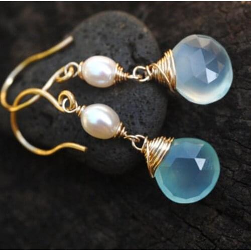Aqua Chalcedony and petite pearl dangle earrings Glowing AMAZING natural gemstones earrings