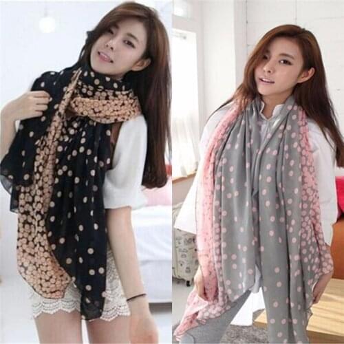 Women Lady Spring Autumn Warm Soft Long Voile Neck Large Dots Scarf 1Pcs Wrap Shawl Pink Grey Wholesale 2 Styles