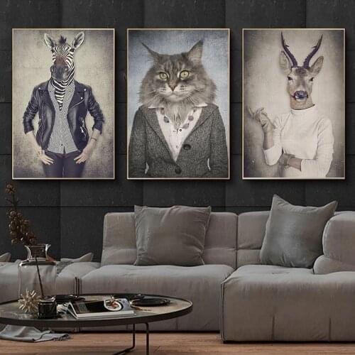 Nordic Vintage Animals in Human Clothes Art Posters And Prints Canvas Paintings On The Wall Art Picture Decor Home Decoration