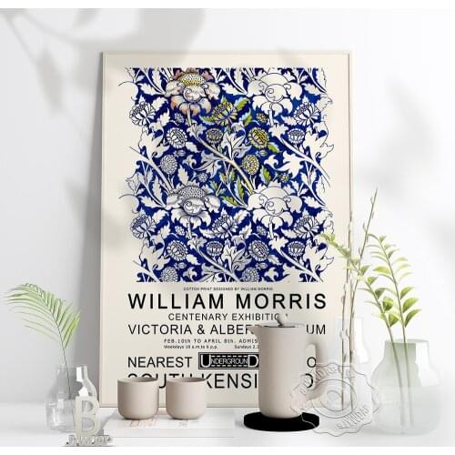 Navy Blue William Morris Museum Exhibition Retro Poster Nordic Floral Art Painting Wall Art Print Plant Pattern Home Decor Gift