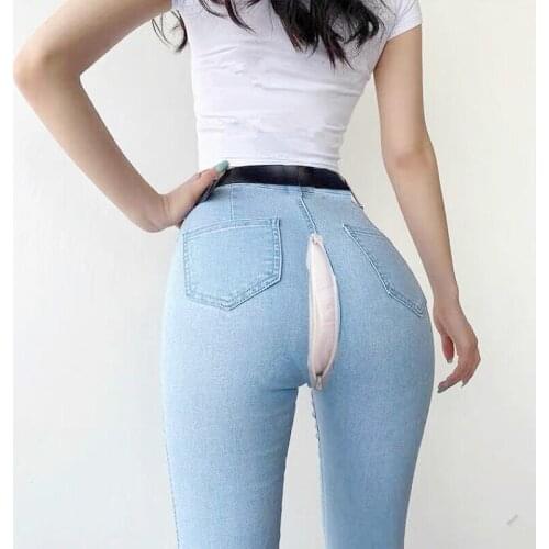 Outdoor Sex Pants Women Leggings Denim Trousers Skinny Strech Pencil Jeans Open Croch Double Zippers Tights Exotic Sexy Clothes