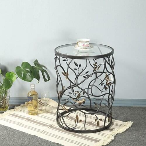 Vintage Round Living Room Sofa Balcony Small Round Table Side Table, Iron Tea Table Tempered Glass, Creative Furniture