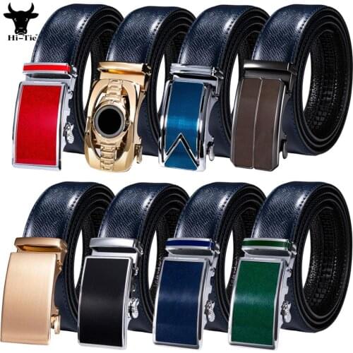 High Quality Blue Genuine Leather Mens Belts Metal Automatic Buckles Waist Belt For Dress Jeans Suit Pants Men Business Wedding