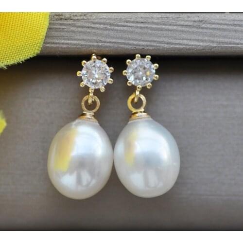 Z10747 A+ 12mm White Drop Freshwater Pearl Dangle Earring CZ