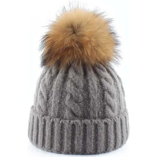 Women Real Fur Pompom Beanie Luxury Womens Winter Hat Warm Bonnet Beanie Soft Washed Wool Knitted Beanies Twist Pattern Caps