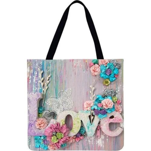 Womens Bag Love Flowers Printed Shoulder Shopper Bags 2021 New Casual Female Bag Large Capacity Linen Tote Fashion Handbags