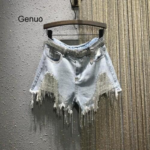 Rhinestone Tassel High Waist A-line Denim Shorts Women 2020 Summer New Heavy Industry Fashion Wide Leg Jeans Shorts