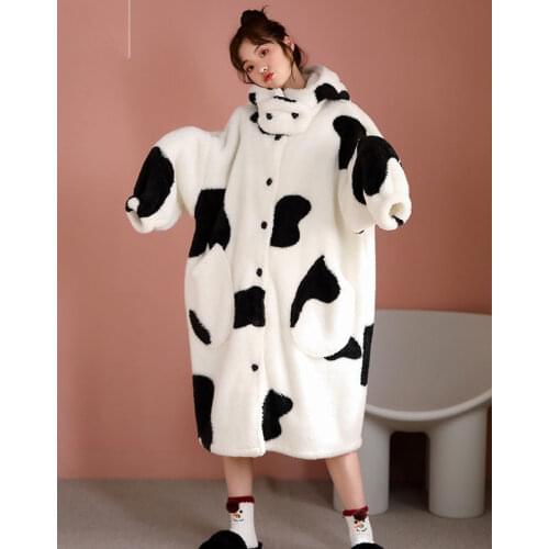 Cute Cow Robe Women Autumn Winter Coral Fleece Night Gown Hooded Long Bathrobe Ladies Thicken Warm Flannel Home Clothing