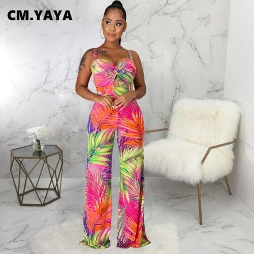 CM.YAYA Women Jumpsuit Print Sleeveless Strap V-neck Back Zip Loose Straight Wide Leg Jumpsuits Fashion Streetwear Summer Outfit
