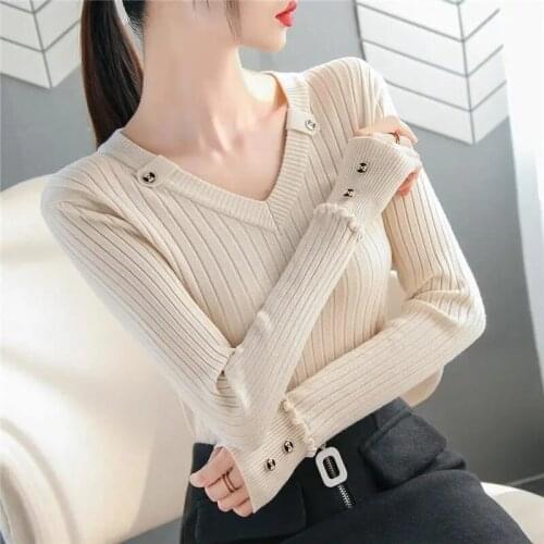 On Sale Pullover New Spring Autumn Women Knitted Sweater V neck Knitted Bottoming Shirt Casual Slim Jumper Throat Female Outwear