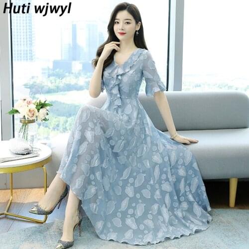 Elegant Women Party Sexy Pink Vestido 2021 Vintage Casual Plua Size Midi Sundress Summer Black Chiffon Jacquard Beach Maxi Dress