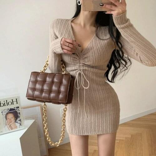New 2021 Autumn Winter Women Knitted Dresses Package Hip Sexy V-Neck Drawstring Elegant Fashion Mini Dresses