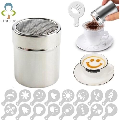 1pc Stainless Steel Chocolate Shaker Cocoa Flour Coffee Sifter+16Pcs Coffee Template Strew Flower Pad Spray Art Coffee Tools ZXH