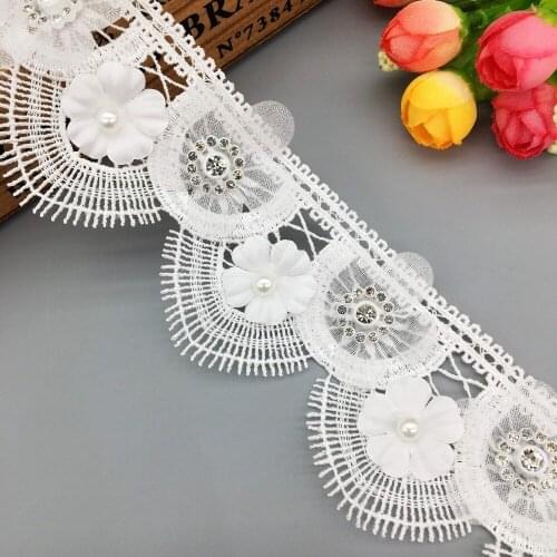 1 Yard 75mm Wide Organza Flower Pearls African Lace Trim Fabric Beaded Rhinestone Ribbon Sewing Craft For Wedding Dress Clothes