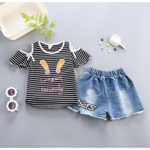 BabiColor Baby Girls Clothes Suit Brand NEW Summer Toddler Girl Clothes Striped strapless short sleeve + denim shorts 2Pcs Set