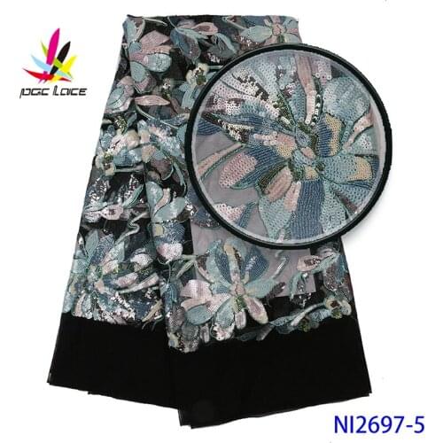 Sequin Wedding 3d Fabric Blue Color Flower Sequence African French Nigerian Embroidery Elegant Latest Design Style High Quality