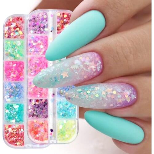Sparkle Aurora Holographics Glitter Flakes Nail Decoration Iridescent Star Heart Design Sticker Colorful Sequin Manicure FBJX04