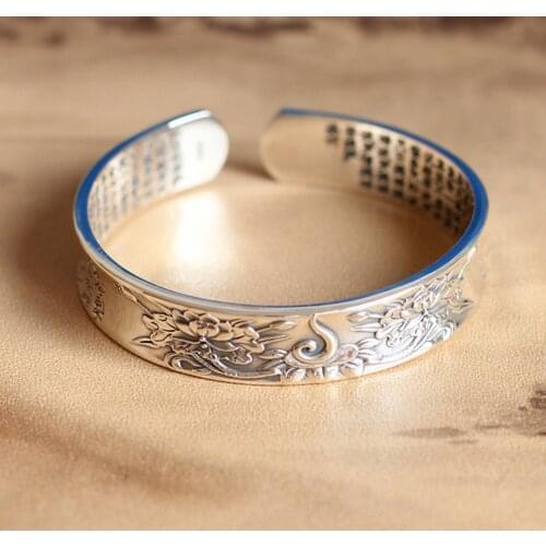 Limited Edition Pure Silver Chinese Characters Bracelet Buddhist Prajnaparamita Sutra Bracelet Fine Jewelry S925 Silver Bangle