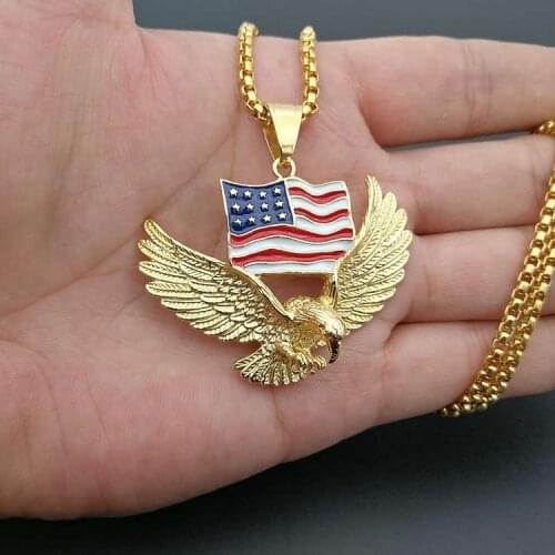 Personality American Eagle Necklace Pendant Motorcycle Party Animal Flag Necklace Gold Color Chain Hip Hop Jewelry for Men Women