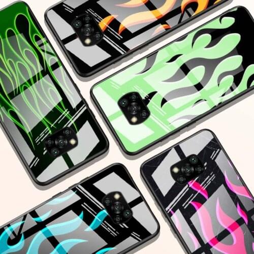 Cool green flame for Xiaomi POCO X3 NFC F3 M2 X2 F2 Redmi K30 Redmi Note 9 Pro Luxury Tempered Glass Phone Case Cover