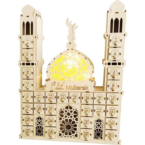 Wooden Eid Mubarak Ramadan Advent Calendar LED Light DIY Muslim Islamic 30 Grids Countdown Drawer Decorations