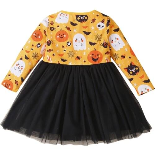 Children Girl Mesh Tulle Patchwork Tutu Dress Kid Infant Casual Round Neck Halloween Pumpkin Long Sleeve Autumn Dress 18M-6Y