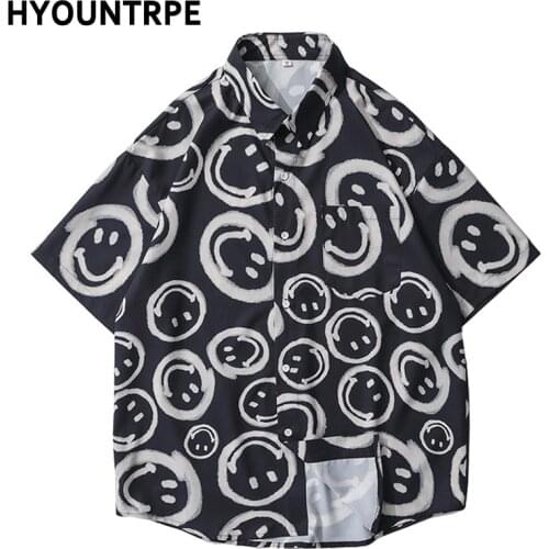 Men Hawaiian Shirt Hip Hop Harajuku Graffiti Print Streetwear Button Up Beach Shirt Summer Unisex Short Sleeve Casual Tops Shirt