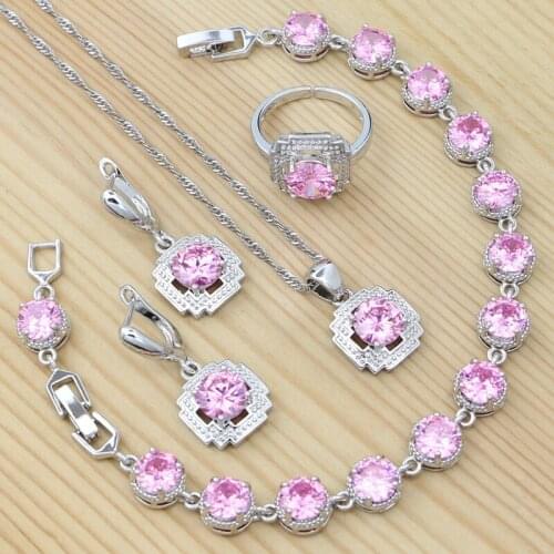 Pink Cubic Zirconia 925 Sterling Silver Jewelry Set Geometric Ring Earrings Pendant Chain Bracelet Romantic Wedding Jewelry