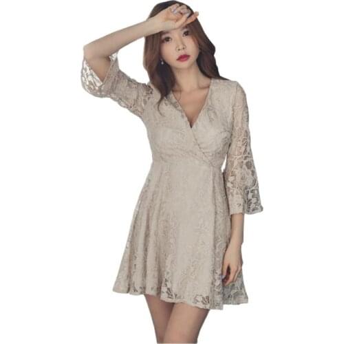 Summer Women Beige Lace Mini Dress Vneck Flare Sleeve Bandage Sexy Party Aline Bodycon Dresses 2017 Vestidos De Festa Mujer