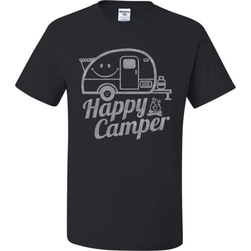 Happy Camper T-Shirt Rv Tourism Camping Summer Nature Travel 2019 Designer New Short-Sleeve Cotton Print Men Striped T Shirt