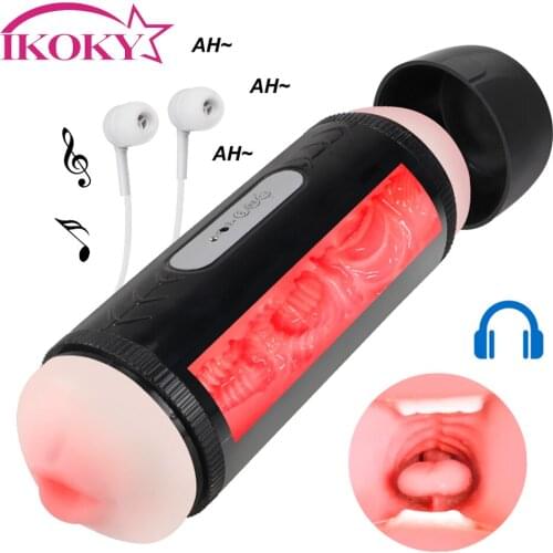 IKOKY Dual Head Male Masturbation Cup Voice Interaction Real Vagina for Men Deep Throat Pussy Mouth Male Masturbator Vibrator
