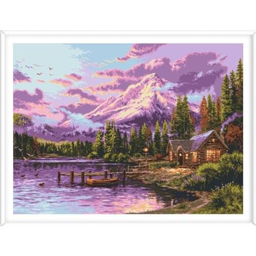 Lakeside Sunset View Pattern Cross Stitch Kits Printed Canvas Embroidery Sets 11CT 14CT DIY Needlework Home Decoration Paintings