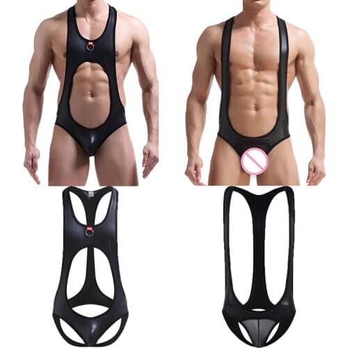 Sexy PU Leather Undershirt Jockstrap Men Bodysuits Lingerie Open Butt String Underwear Wrestling Singlet Latex Clubwear Jumpsuit