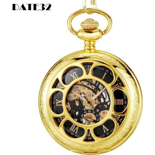 Roman Numerals Dial Mechanical Pocket Watch Luxury Gold Golden Fob Chain Hollow Case Engraved Case Clock for Men Dropshipping