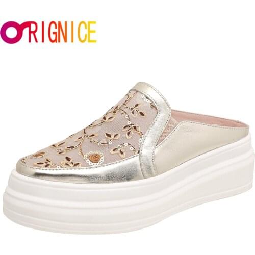 Orignice Handmade Embroider Flower Slippers Women Outside Sequined Air Mesh Breathable Mules Platform Sandals Round Toe Slides