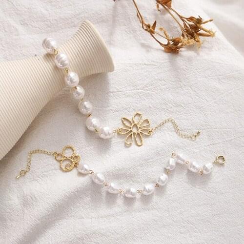 Trendy Irregular Pearls Gold Metal Link Chain Bracelets for Women Girl Summer Party Jewelry