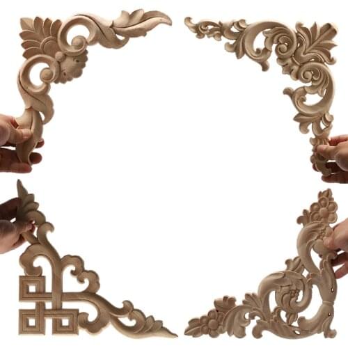 Corner Flower Exquisite Carving Natural Wood Appliques Furniture Wooden Mouldings Vintage Unpainted Accessories Decoration Decal
