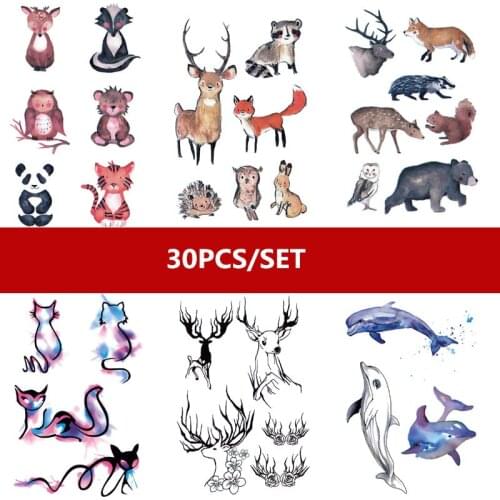 30pcs/set Waterproof Temporary Tattoo Sticker Cat Deer Birds Flower Words Fake Tattoo for Finger Ankle Chest Tatuaje Temporal