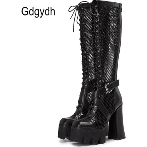 Gdgydh Summer Platform Boots Gothic Knee High Chunky Heel Fashion Buckle Street Style Black Genuine Leather Women Shoes Party