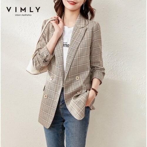 VIMLY Spring Coat For Women Fashion Notched Plaid Blazer England Style Loose Jackets Eelgant Tops Female Clothes F6208