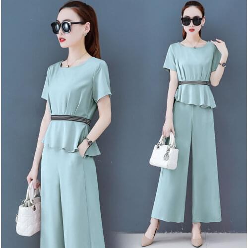 Women Suit Set Two Piece Elegant Office Lady Elegant Blouse Top Wide Leg Flare Pants Suit Summer Casual Clothes Female Plus Size