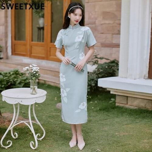 SWEETXUE Retro Chinese Style Summer Print Disc Button Chinese Style Long Cheongsam Dress Female Vintage Elegant Slim Womens