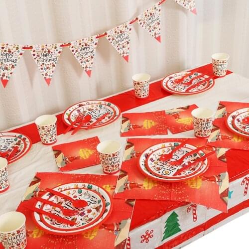 2021 Merry Christmas Disposable Tableware Cute Print Paper Plate Cup Napkin for Christmas Banner Decor New Year Party Supply