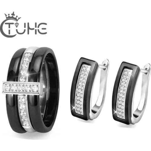 9MM Exquisite Ceramic Wedding Jewelry Sets For Women With Luxury Crystal Jewelry Engagement U Shape Stud Earrings Black Ring Set