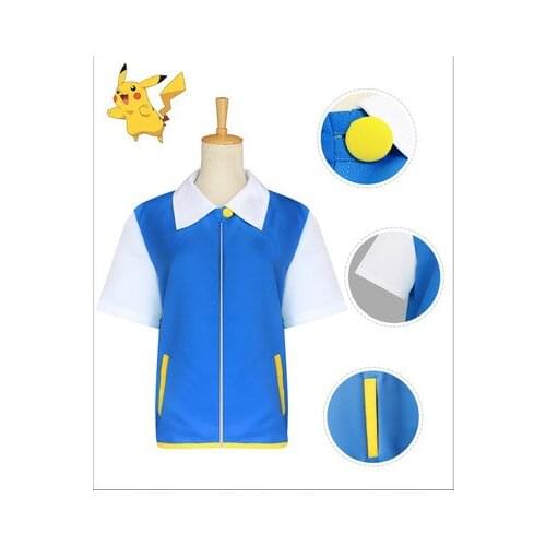 Anime Pokemon Cosplay costumes Ash Ketchum short sleeve suit Costume Blue Jacket Hat Gloves Poke Ball Full Set Halloween clothes