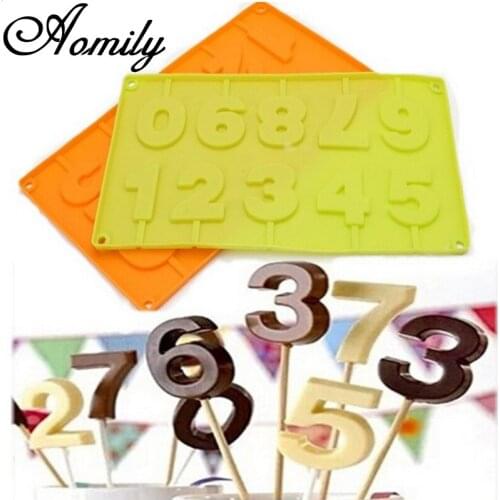 Aomily Lollipop 0-9 Numbers Mold DIY Silicone 3D Handmade Pop Numbers Sucker Sticks Lolly Candy Chocolate Mold With Stick Shape
