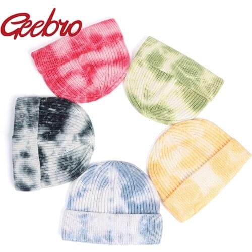 Geebro Women Tie-dye Knitted Beanie Hat Mulitcolor Soft Cotton Girl Outdoor Cap Fashion Men Hat Unisex