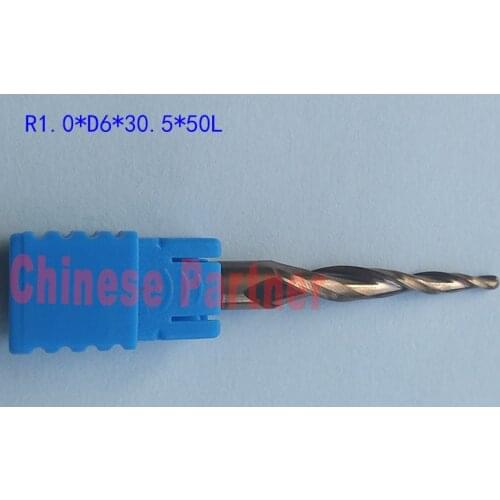 1pc R1*D6*30.5*50L*2F HRC55 Golden Tungsten solid carbide Tapered Ball Nose End Mill cone milling cutter wood