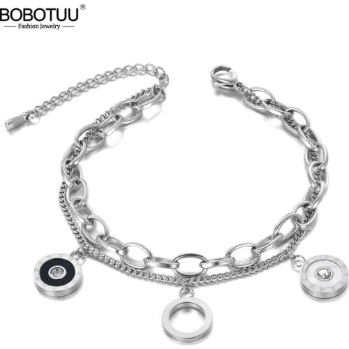 BOBOTUU Trendy Double Layers CZ Roman Numeral Bracelet Bangle For Women Stainless Steel Link Chain Bohemia Beach Jewelry BB19088